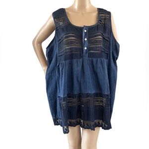 Fantazia Sleeveless Tunic Lace Trimmed Tank Top Navy Blue